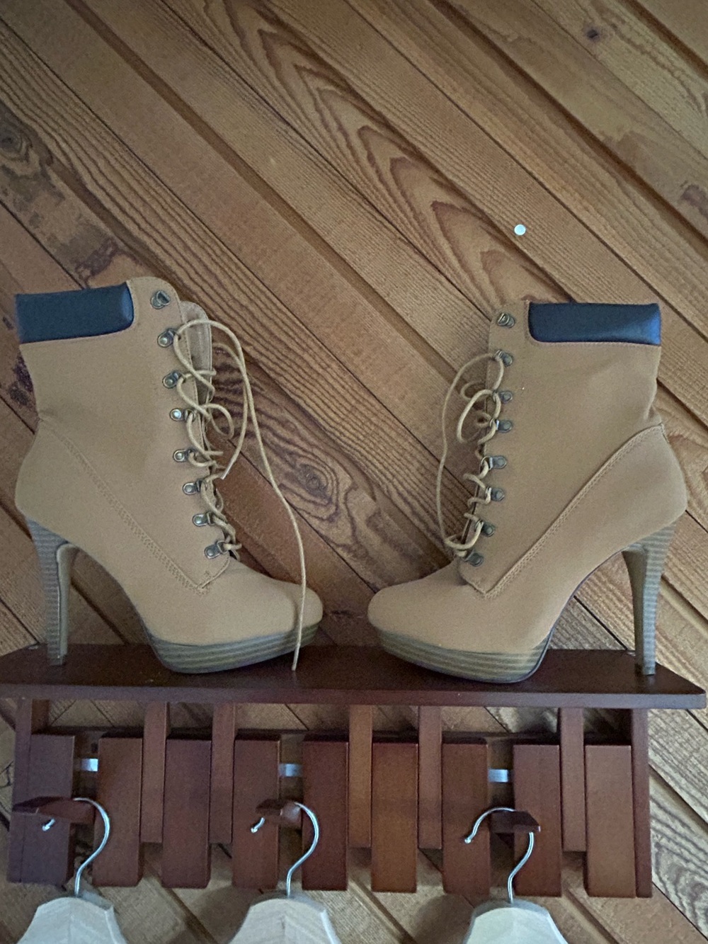 Shoe Dazzle Tan Lace-Up High Heel Ankle Boots with Black Collar